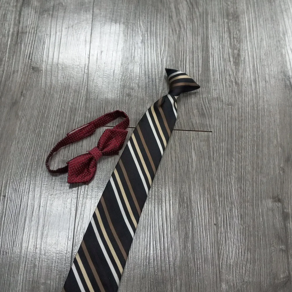 Striped Black and Brown Tie with Red Bow Tie